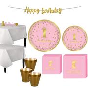 Pink & Gold Confetti Premium 1st Birthday Party Kit for 32 Guests 